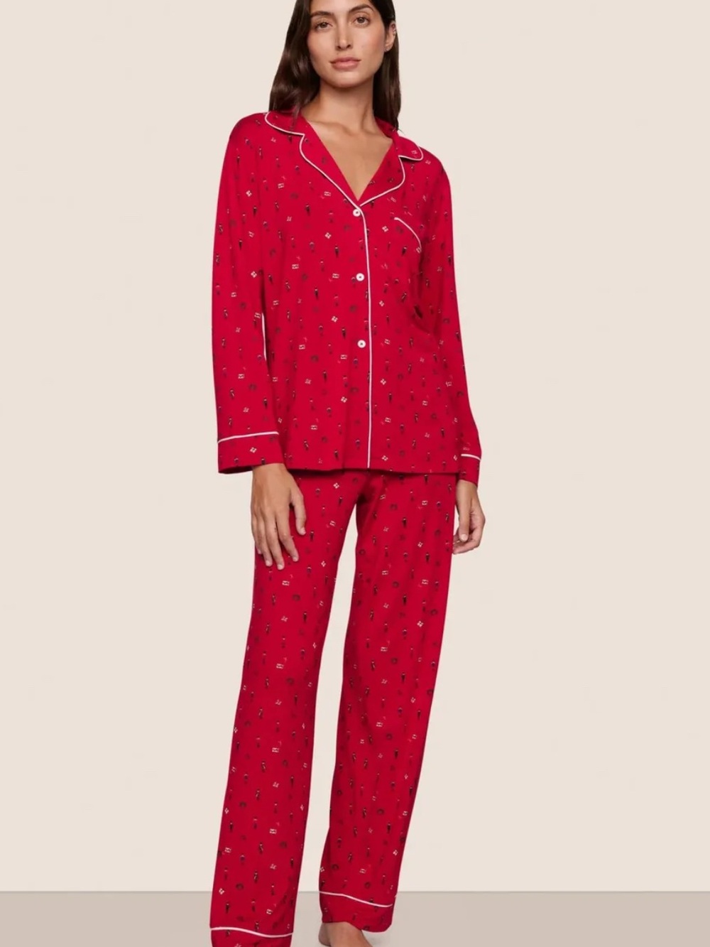 Eberjey Gisele Printed Modal Long PJ Set Nutcracker Holly Red/Ivory Medium